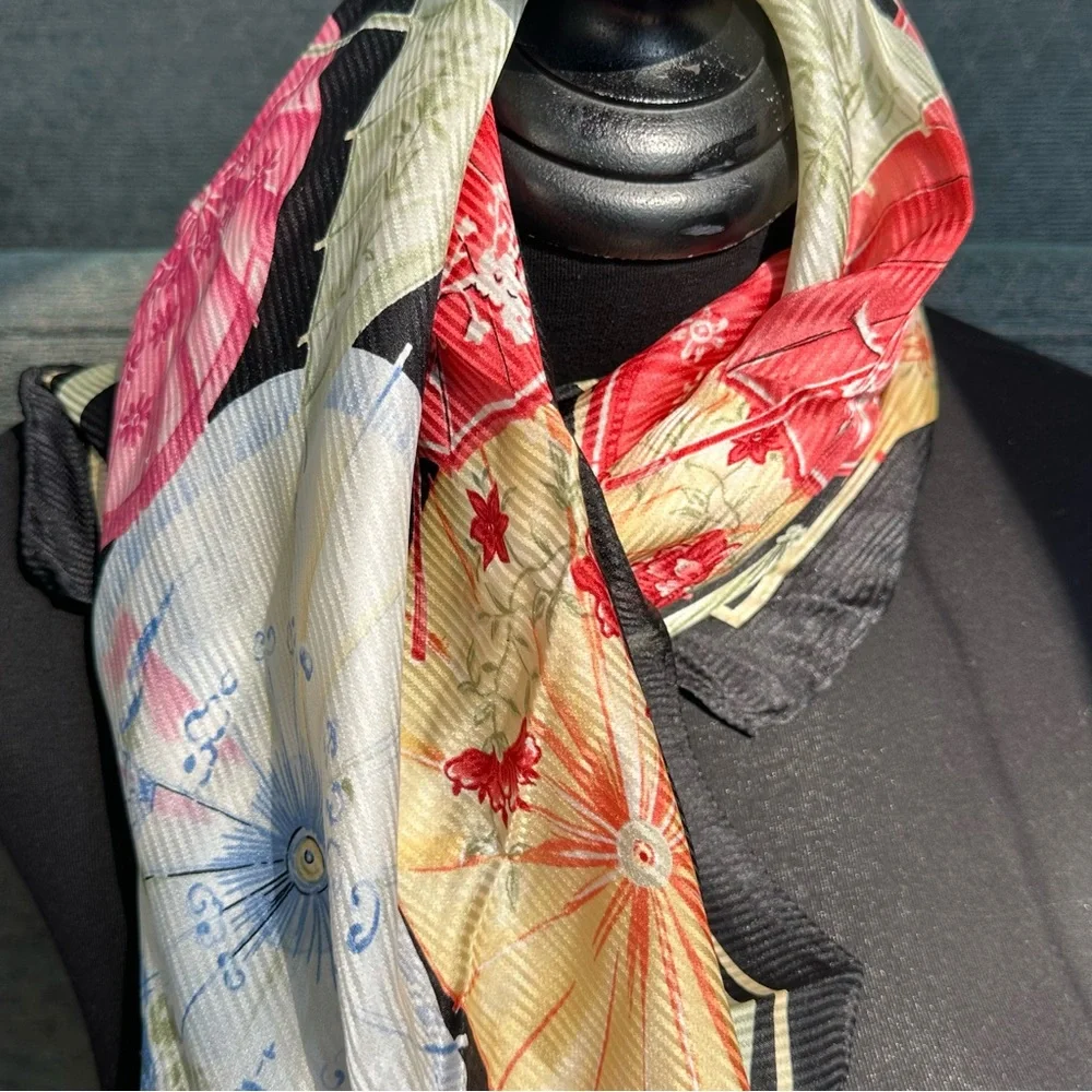 Talbots 100% Silk Scarf – Black with Multi-Colored Floral Parasols, Like New